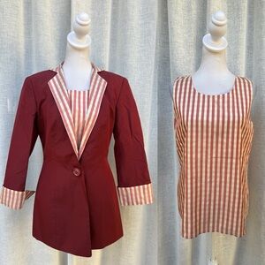 Zang Toi silk taffeta striped white burgundy blazer top set